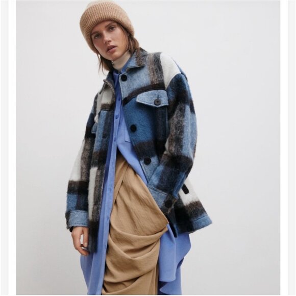 Zara Blue Plaid Wool Blend Shacket Jacket Oversized Size Medium Women's - Picture 1 of 5